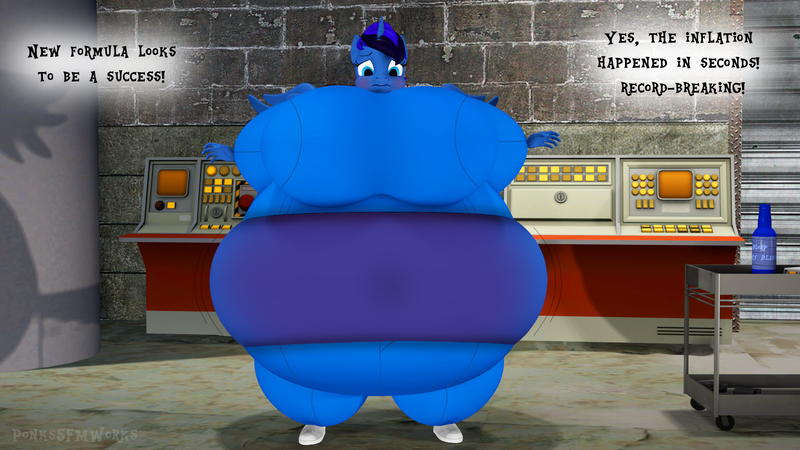 Size: 1920x1080 | Tagged: questionable, artist:ponkssfmworks, derpibooru import, oc, oc:vani, alicorn, anthro, 3d, blueberry, blueberry inflation, breasts, bwomph juice, dialogue, exposed belly, factory, fat boobs, food, inflation, offscreen character, source filmmaker, swelling, swollen, text, worried