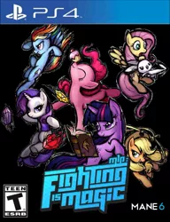 Size: 1172x1523 | Tagged: safe, derpibooru import, angel bunny, applejack, fluttershy, pinkie pie, rainbow dash, rarity, twilight sparkle, earth pony, pegasus, pony, unicorn, fighting is magic, black background, book, book of harmony, broken dreams, cover art, cupcake, female, food, game, game cover, gem, if only, lasso, mane six, mare, playstation 4, ps4 cover, rating, rope, simple background, video game