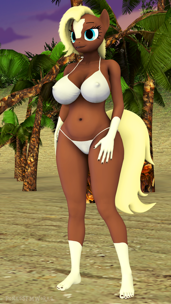 Size: 1080x1920 | Tagged: 3d, anthro, artist:ponkssfmworks, beach, big breasts, bikini, breasts, clothes, derpibooru import, erect nipples, female, hand on thigh, horse, large butt, nipple outline, nudity, oc, oc:jessica, palm tree, questionable, sand, solo, source filmmaker, swimsuit, tree