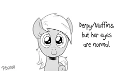 Size: 1200x675 | Tagged: safe, artist:pony-berserker, derpibooru import, derpy hooves, pegasus, pony, alternate universe, black and white, caption, cursed image, evil twin, female, grayscale, heresy, looking at you, mare, monochrome, moral event horizon, pony-berserker's twitter sketches, pure unfiltered evil, simple background, smiling, solo, something is not right, stippling, underp, we are going to hell, white background