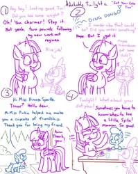 Size: 4779x6013 | Tagged: safe, artist:adorkabletwilightandfriends, derpibooru import, moondancer, pinkie pie, spike, twilight sparkle, twilight sparkle (alicorn), oc, oc:trevor, alicorn, dragon, earth pony, pony, comic:adorkable twilight and friends, adorkable, adorkable twilight, blushing, comic, cup, cupcake, cute, door, doorbell, dork, eating, female, filly, food, front door, humor, kindness, kitchen, present, sitting, slice of life, table, thumbs up, wholesome