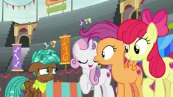 Size: 1920x1080 | Tagged: safe, derpibooru import, screencap, apple bloom, blueberry curls, bubblegum blossom, fruit pack, happy khaki, neigh sayer, ruby splash, scootaloo, spur, sweetie belle, trail blazer, growing up is hard to do, cutie mark, cutie mark crusaders, older, the cmc's cutie marks