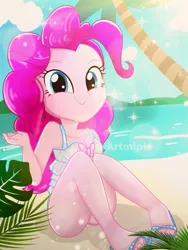 Size: 1800x2400 | Tagged: safe, artist:artmlpk, derpibooru import, pinkie pie, equestria girls, adorable face, adorasexy, adorkable, beach, beautiful, bow, clothes, cloud, cute, diapinkes, digital art, dork, feet, female, grin, island, light, looking at you, palm tree, plant, sand, sandals, sexy, sleeveless, smiley face, smiling, smiling at you, solo, swimsuit, tree, water, watermark