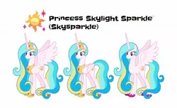 Size: 1280x778 | Tagged: safe, artist:parclytaxel, artist:starponys87, derpibooru import, oc, oc:princess skysparkle, unofficial characters only, alicorn, pony, crown, cutie mark, ethereal mane, female, hair over eyes, jewelry, mare, needs more jpeg, not celestia, regalia, simple background, sparkles, sparkly mane, spread wings, starry mane, unshorn fetlocks, white background, wings