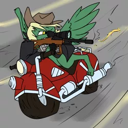 Size: 2000x2000 | Tagged: safe, artist:lightgraphicsdraws, derpibooru import, oc, unofficial characters only, gryphon, bullet, commission, griffon oc, gun, hat, high res, high speeds, male, motorcycle, rifle, sniper, sniper rifle, solo, weapon, wings