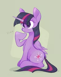 Size: 1616x2048 | Tagged: safe, artist:noupu, derpibooru import, twilight sparkle, twilight sparkle (alicorn), alicorn, pony, cute, eye clipping through hair, female, mare, raised leg, sitting, solo, thinking, twiabetes