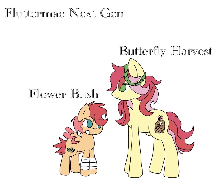 Size: 1436x1184 | Tagged: safe, artist:analyia09, derpibooru import, oc, oc:butterly harvest, oc:flower bush, earth pony, pegasus, pony, bandaid, brother and sister, female, floral head wreath, flower, foal, male, offspring, parent:big macintosh, parent:fluttershy, parents:fluttermac, siblings, simple background, white background