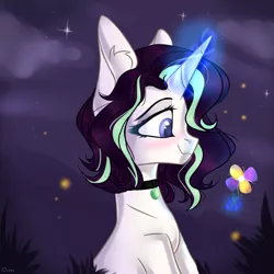 Size: 3500x3500 | Tagged: safe, artist:lazuli, derpibooru import, oc, unofficial characters only, firefly (insect), insect, pony, unicorn, blushing, bust, choker, commission, ear fluff, female, flower, glowing horn, horn, image, levitation, magic, mare, night, night sky, png, sky, smiling, solo, stars, telekinesis, unicorn oc, ych result