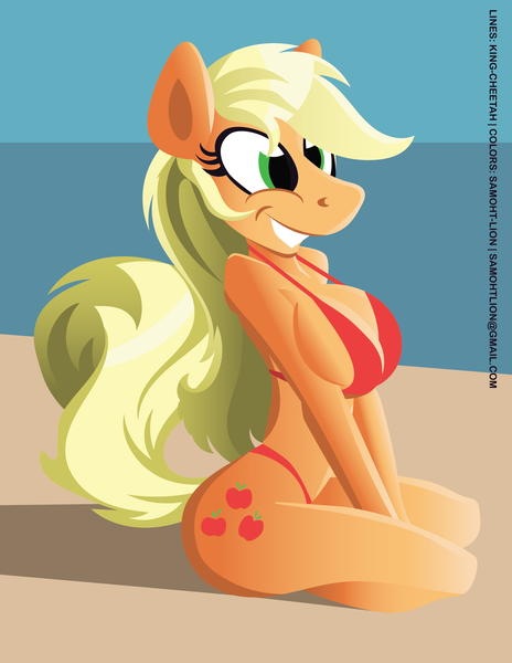 Size: 2550x3300 | Tagged: suggestive, artist:samoht-lion, artist:trollie trollenberg, derpibooru import, applejack, anthro, bikini, breasts, busty applejack, clothes, female, swimsuit