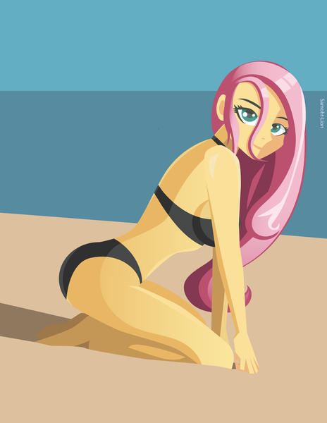 Size: 2550x3300 | Tagged: suggestive, artist:samoht-lion, derpibooru import, fluttershy, equestria girls, beach, beach babe, beautisexy, bikini, breasts, clothes, female, lineless, sideboob, solo, solo female, swimsuit