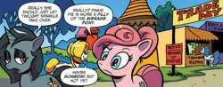 Size: 872x342 | Tagged: safe, artist:andypriceart, derpibooru import, idw, golden feather, princess celestia, earth pony, pegasus, pony, unicorn, spoiler:comic, spoiler:comic65, art noir, braid, braided tail, clothes, comic, female, foreshadowing, hoodie, implied pinkie pie, implied twilight sparkle, male, mare, official comic, pink molly, speech bubble