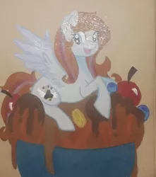 Size: 720x816 | Tagged: safe, artist:chewy-tartz, artist:fluffernutters16, derpibooru import, oc, oc:bittersweet, unofficial characters only, pegasus, pony, colored wings, food, gradient wings, ice cream, ice cream sundae, ponies in food, smiling, traditional art, wings