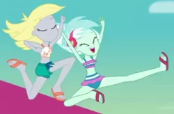 Size: 1039x680 | Tagged: safe, derpibooru import, screencap, derpy hooves, lyra heartstrings, equestria girls, equestria girls series, i'm on a yacht, spoiler:eqg series (season 2), belly button, bikini, clothes, duo, eyes closed, feet, female, open mouth, sandals, smiling, swimsuit