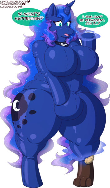 Size: 2856x4860 | Tagged: alicorn, anthro, artist:impaledwolf, big breasts, breasts, busty princess luna, character to character, chubby, crotch bulge, cutie mark, derpibooru import, digital art, digitigrade anthro, featureless breasts, furry, furry oc, futa, futa princess luna, hooves, horn, intersex, living suit, magic, male to futa, null, oc, oc:luna del sol, open mouth, plushie, plushification, princess luna, questionable, simple background, solo, solo futa, speech bubble, stuffed, tail, text, thighs, thunder thighs, transformation, transparent background, unguligrade anthro, wide hips, wingless, wingless anthro