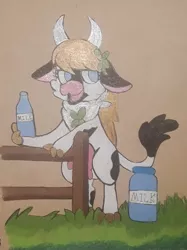 Size: 720x964 | Tagged: safe, artist:chewy-tartz, artist:fluffernutters16, derpibooru import, oc, oc:lucky, bipedal, cloven hooves, cow oc, milk, milk jug, standing, udder