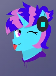 Size: 576x777 | Tagged: safe, artist:samsailz, derpibooru import, oc, unicorn, clothes, headphones, hoodie, horn, mlem, one eye closed, silly, simple shading, smiling, tongue out, unicorn oc, wink