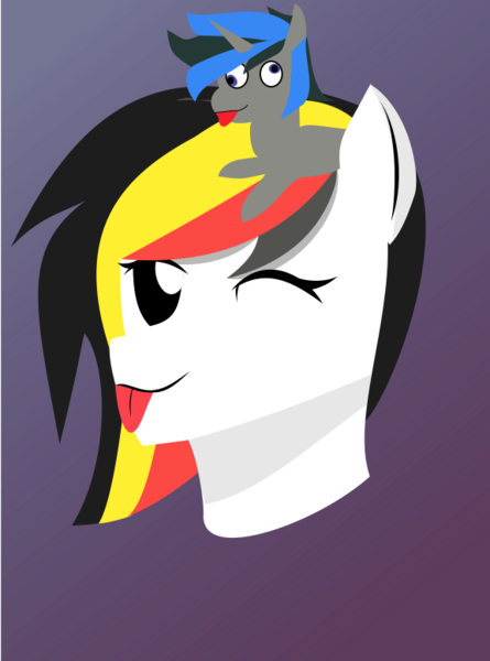 Size: 576x777 | Tagged: safe, artist:samsailz, derpibooru import, oc, unofficial characters only, pony, cross-eyed, derp, doll, fanart, gradient background, lineless, mlem, one eye closed, silly, simple shading, tongue out, toy, wink