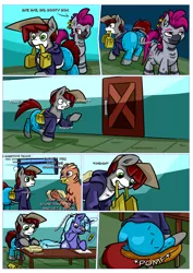 Size: 1920x2716 | Tagged: safe, artist:khaki-cap, derpibooru import, oc, oc:khaki-cap, oc:zjin-wolfwalker, unofficial characters only, earth pony, gryphon, unicorn, zebra, comic:comically different mishaps, bag, butt, butt bump, comic page, commissioner:buffaloman20, earth pony oc, extra thicc, griffon oc, horn, house, inside, jean thicc, jiggle, kicking, lithography, multiple characters, page, pomf, rear view, running, saddle bag, school, sitting, smiling, smirk, smug, stone, thicc ass, unicorn oc, wiggle, zebra oc