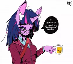 Size: 1280x1116 | Tagged: safe, artist:awr-hey, derpibooru import, twilight sparkle, anthro, unicorn, bag, clothes, coffee, coffee mug, digital art, female, glasses, horn, image, javascript, jpeg, looking at you, mug, programmer humor, programming, simple background, solo, speech bubble, text, unicorn twilight, white background