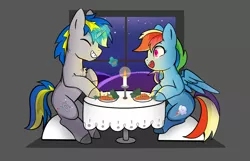 Size: 1680x1080 | Tagged: safe, artist:atruoh, derpibooru import, rainbow dash, oc, oc:dopami korpela, pegasus, pony, unicorn, blushing, broccoli, candle, candlelight, canon x oc, carrot, cherry, chest fluff, dating, dinner, dopadash, female, food, horn, magic, magic aura, male, mare, shipping, stallion, straight, table, unicorn oc