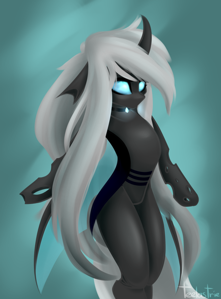 Size: 2217x3000 | Tagged: safe, artist:teelastrie, derpibooru import, oc, oc:teelas, unofficial characters only, changeling, changeling oc, featureless crotch, female, glowing eyes, high res, solo