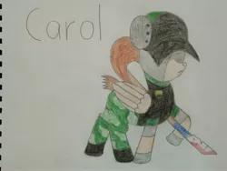 Size: 4160x3120 | Tagged: safe, artist:theunidentifiedchangeling, derpibooru import, ponified, pegasus, pony, blood, cap, carol, covering eyes, cut tail, dead ahead zombie warfare, female, hat, military uniform, name, solo, spear, traditional art, weapon
