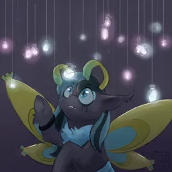 Size: 3000x3000 | Tagged: safe, artist:night_the_mad_queen, derpibooru import, oc, oc:lymantria, unofficial characters only, insect, moth, mothpony, original species, pony, antennae, chest fluff, colored sclera, commission, ear fluff, eye clipping through hair, eyebrows visible through hair, eyeliner, eyeshadow, gray background, hoof fluff, light, looking up, makeup, male, raised hoof, running makeup, simple background, slit eyes, solo, underhoof, watermark, wings, wristband, ych result