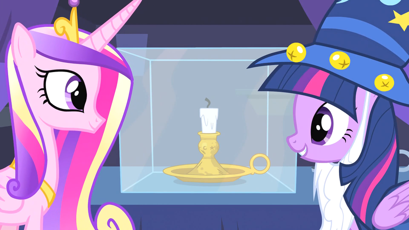 Size: 1920x1080 | Tagged: alicorn, candle, derpibooru import, duo, fake beard, hat, princess cadance, safe, screencap, sisters-in-law, star swirl the bearded costume, three's a crowd, twilight sparkle, twilight sparkle (alicorn), wizard hat