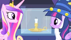 Size: 1920x1080 | Tagged: alicorn, candle, derpibooru import, duo, fake beard, hat, princess cadance, safe, screencap, sisters-in-law, star swirl the bearded costume, three's a crowd, twilight sparkle, twilight sparkle (alicorn), wizard hat