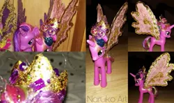 Size: 1673x997 | Tagged: alicorn, alternate hairstyle, artist:wrath-marionphauna, collage, crown, custom, customization, derpibooru import, games ponies play, irl, jewelry, photo, princess cadance, regalia, safe, toy, twilight sparkle, twilight sparkle (alicorn), wings