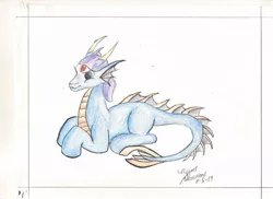 Size: 1024x745 | Tagged: safe, artist:lp2lily, derpibooru import, oc, oc:dragonpony, oc:lily truman, dracony, dragon, hybrid, pony, aquamarine eyes, blue, colored, forehead jewel, jewel, male, pencil drawing, prone, red jewel, scales, simple background, solo, spine, traditional art, traditional royal canterlot voice, white background