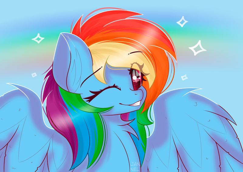 Size: 5787x4092 | Tagged: safe, artist:janelearts, derpibooru import, rainbow dash, pony, absurd resolution, female, one eye closed, solo, wink