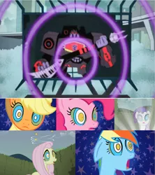 Size: 1049x1180 | Tagged: safe, derpibooru import, edit, edited screencap, screencap, applejack, fluttershy, pinkie pie, rainbow dash, rarity, the return of harmony, comparison, crossover, human error, hypnosis, hypnotized, kaa eyes, soundblaster, transformers, transformers animated