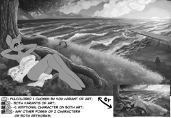 Size: 3840x2657 | Tagged: advertisement, artist:pony straponi, black and white, boat, commission, complex background, cute, derpibooru import, experimental style, grayscale, monochrome, mountain, oc, pier, safe, scenery, solo, sunset, text, tree, unofficial characters only, water, your character here