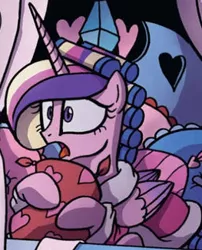 Size: 812x1005 | Tagged: bed, clothes, comic, cushion, derpibooru import, female, folded wings, hair curlers, heart, idw, princess cadance, robe, safe, solo, spoiler:comic, spoiler:comicff30, wings