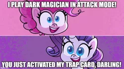 Size: 888x499 | Tagged: safe, derpibooru import, edit, edited screencap, screencap, pinkie pie, rarity, pony, unicorn, my little pony: pony life, zound off, spoiler:pony life s01e18, spoiler:pony life s01e29, dark magician, female, mare, smiling, split screen, trap card, yu-gi-oh!