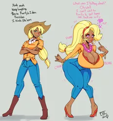 Size: 2480x2676 | Tagged: alternate hairstyle, applejack, applejack's hat, areola, artist:scarfyace, ass, before and after, big breasts, big lips, bimbo, bimboification, bimbo jack, blushing, boots, bra, breast expansion, breasts, busty applejack, butt, butt expansion, cleavage, clothes, cowboy hat, curvy, dark skin, derpibooru import, dick sucking lips, ear piercing, earring, expansion, female, freckles, growth, hair growth, happy, hat, high heels, hips, horny, housewife, huge breasts, human, humanized, jeans, jewelry, large butt, legs, lips, lipstick, long nails, magic, makeup, moderate dark skin, nails, necklace, one eye closed, pants, pearl necklace, piercing, pink eyes, ponytail, sexy, shoes, slut, solo, solo female, standing, stupid sexy applejack, suggestive, talking, talking to viewer, text, thicc ass, thick, thighs, thunder thighs, tight clothing, transformation, underwear, unsound effect, whore, wife