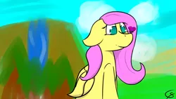 Size: 1920x1080 | Tagged: safe, artist:gamer-shy, derpibooru import, fluttershy, butterfly, insect, pegasus, butterfly on nose, cute, insect on nose, pink mane, watercolor background, waterfall