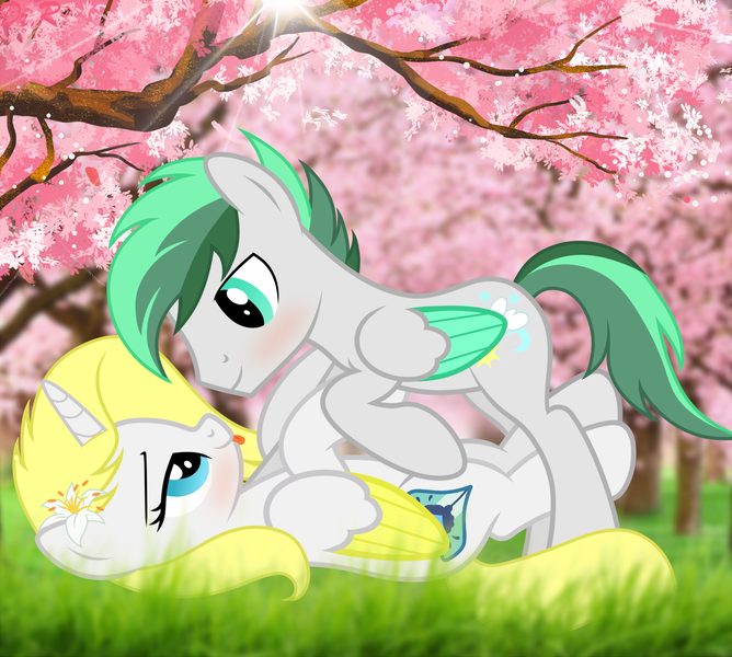 Size: 3331x2990 | Tagged: safe, artist:doctor raymond, derpibooru import, oc, oc:dreamer skies, oc:sweetie shy, unofficial characters only, alicorn, pegasus, pony, alicorn oc, blushing, complex background, couple, cute, eye contact, female, grass, happy, horn, husband and wife, implied kissing, looking at each other, love, lying down, lying in grass, male, oc x oc, on top, pegasus oc, romantic, scenery, shipping, smiling, stallion, tongue out, tree, wings