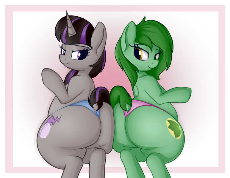 Size: 3733x2898 | Tagged: suggestive, artist:andesblorps, derpibooru import, oc, oc:abilene, oc:magna-save, unofficial characters only, anthro, earth pony, unicorn, ass, bipedal, butt, butt squish, chubby, clothes, dock, fat, female, high res, hips, huge butt, image, impossibly wide hips, large butt, looking back, not octavia, panties, patreon, png, simple background, thighs, thunder thighs, underwear, wide hips