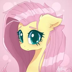 Size: 2000x2000 | Tagged: safe, artist:navokin, derpibooru import, fluttershy, pony, abstract background, bust, cropped, cute, ear fluff, female, floppy ears, high res, looking at you, mare, portrait, shyabetes, smiling, solo, stray strand, three quarter view