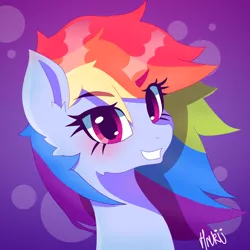 Size: 2000x2000 | Tagged: safe, artist:navokin, derpibooru import, rainbow dash, pony, abstract background, bust, cropped, ear fluff, eye clipping through hair, female, grin, high res, looking at you, mare, portrait, smiling, solo, three quarter view
