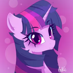 Size: 2000x2000 | Tagged: safe, artist:navokin, derpibooru import, twilight sparkle, pony, unicorn, abstract background, bust, cropped, ear fluff, female, high res, looking at you, mare, portrait, smiling, solo, three quarter view
