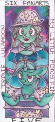 Size: 486x1080 | Tagged: safe, alternate version, artist:twilightcomet, derpibooru import, trixie, pony, unicorn, equestria girls, bust, cape, clothes, female, hat, mare, open mouth, self ponidox, smiling, smirk, traditional art, trixie's cape, trixie's hat, underhoof