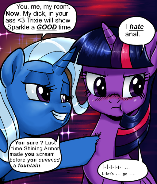 Size: 524x614 | Tagged: suggestive, artist:pencils, derpibooru import, edit, editor:rautamiekka, trixie, twilight sparkle, twilight sparkle (alicorn), alicorn, pony, unicorn, :t, abstract background, blatant lies, blushing, chest fluff, comic, cropped, dialogue, dirty talk, duo, duo female, female, females only, heart, hoof on chest, implied anal, implied futa, implied futa on female, implied incest, implied infidelity, implied sex, implied shiningsparkle, implied shipping, implied straight, liar, lies, mare, mares only, persuasion, smiling, smirk, smug, story included, vulgar