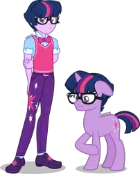 Size: 3233x4000 | Tagged: safe, alternate version, artist:orin331, derpibooru import, sci-twi, twilight sparkle, pony, unicorn, equestria girls, :t, arm behind back, bowtie, clothes, cutie mark, cutie mark on clothes, dusk shine, equestria girls ponified, equestria guys, floppy ears, geode of telekinesis, glasses, high res, human ponidox, magical geodes, male, pants, raised hoof, rule 63, sci-dusk, self paradox, self ponidox, shirt, shoes, simple background, stallion, sweater vest, transparent background, unicorn sci-dusk, unicorn sci-twi