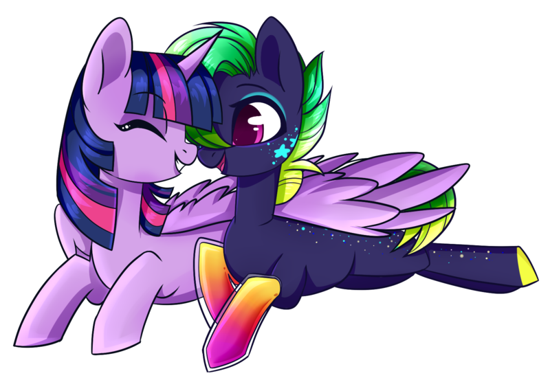 Size: 1601x1106 | Tagged: safe, artist:cloud-fly, derpibooru import, twilight sparkle, twilight sparkle (alicorn), oc, oc:prism streak, alicorn, earth pony, pony, female, hug, mare, prone, winghug