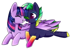 Size: 1601x1106 | Tagged: safe, artist:cloud-fly, derpibooru import, twilight sparkle, twilight sparkle (alicorn), oc, oc:prism streak, alicorn, earth pony, pony, female, hug, mare, prone, winghug