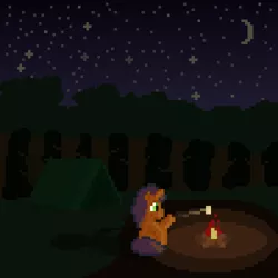 Size: 800x800 | Tagged: safe, artist:silent pone, derpibooru import, oc, unnamed oc, pony, unicorn, campfire, food, forest, male, marshmallow, moon, night, pixel art, shadow, sitting, stallion, stars, tent, tree