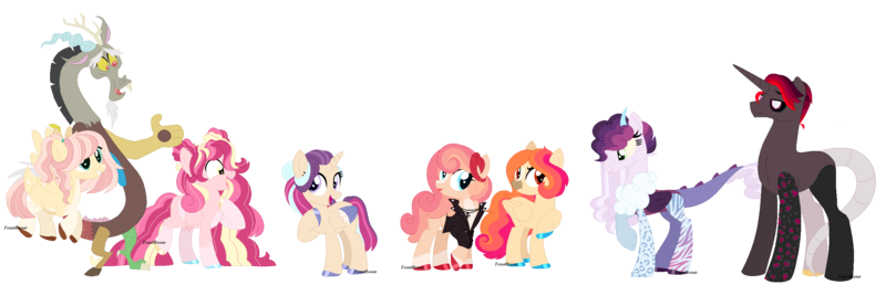 Size: 2480x800 | Tagged: safe, artist:fuxebuxe, derpibooru import, discord, fluttershy, pinkie pie, oc, oc:blood orange, oc:cacophony, oc:cotton elizabeth fluff, oc:sixth sense, oc:sleepy-time tea, alicorn, earth pony, hybrid, pegasus, pony, base used, disshypie, family, group, next generation, offspring, parent:discord, parent:fluttershy, parent:pinkie pie, parents:disshypie, pegasus pinkie pie, race swap, redesign, simple background, transparent background